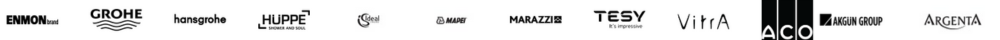 Marken: Enmon, Grohe, Hansgrohe, Hüppe, Ideal Standard, Mapei, Marazzi, Tesy, VitrA, ACO, Akgün, Argenta